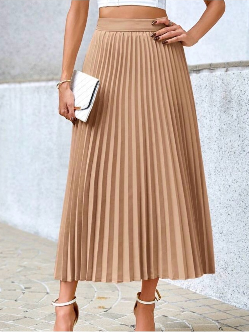 SHEIN Tan Pleated Midi Skirt